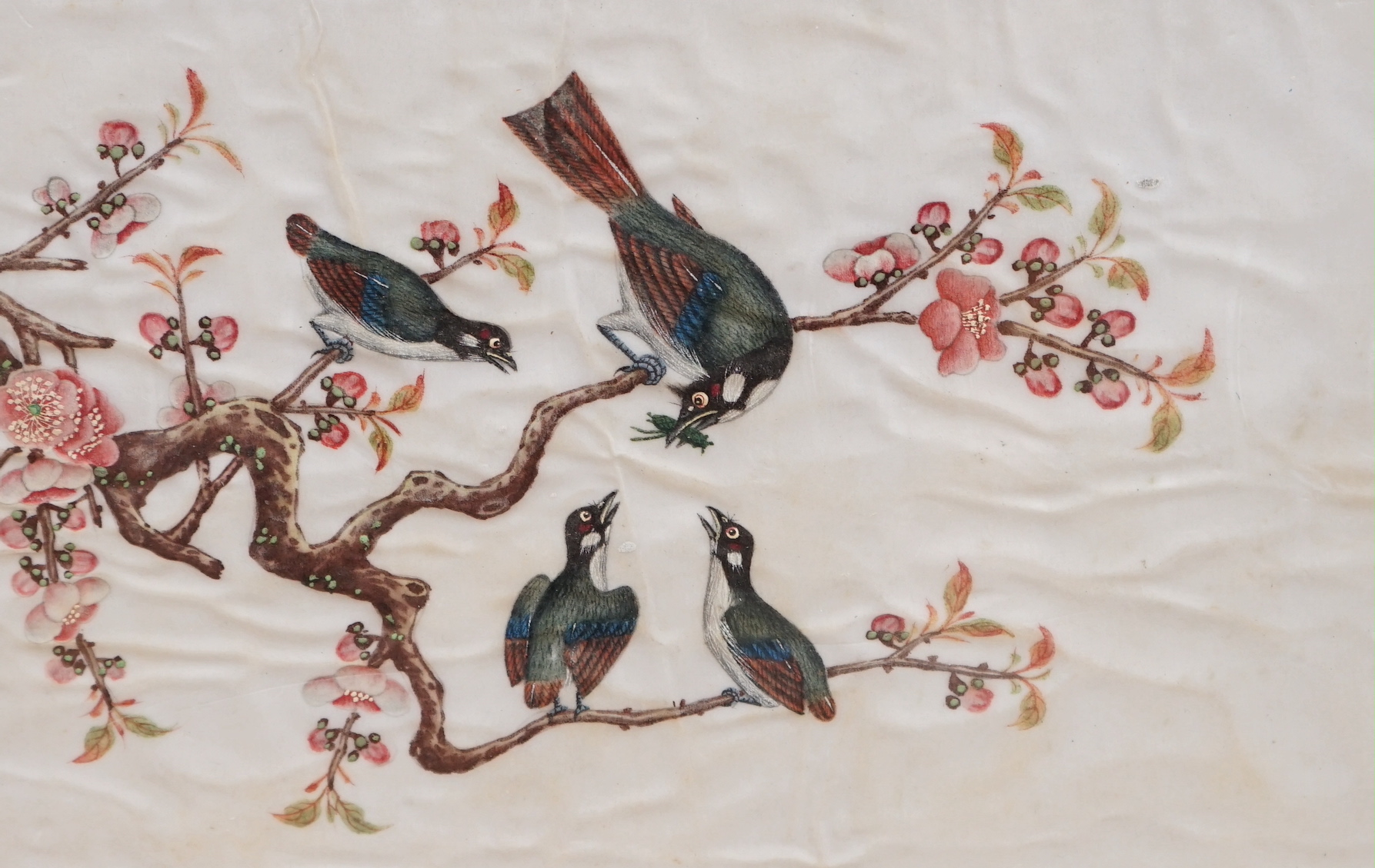 19th century Chinese School, two pith paper paintings, Birds amongst flowers and butterflies, largest 18 x 28cm